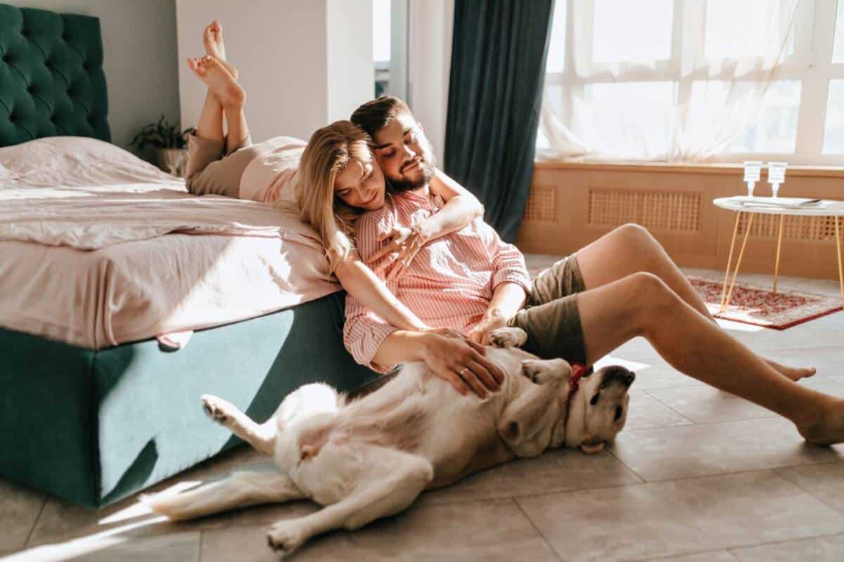Couple cuddling on the floor next to a bed, playfully petting their dog, in a sunny room.